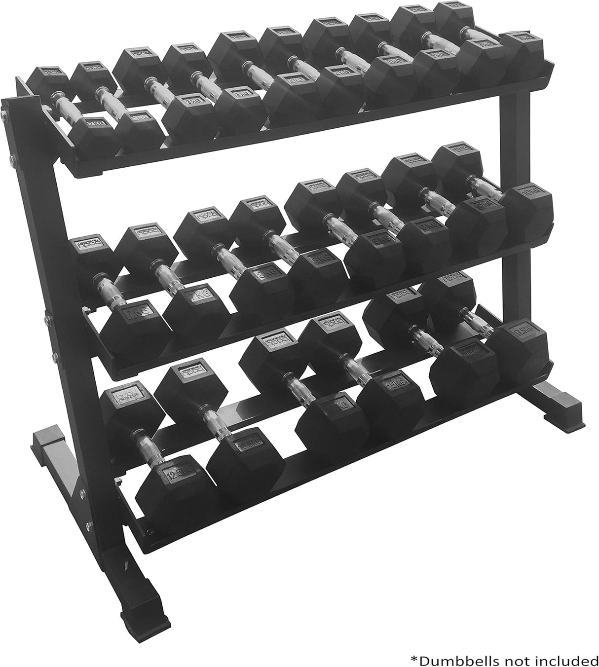 Drie-laags stalen dumbbellrek met een stevige zwarte afwerking, ontworpen voor thuisgebruik en sportscholen, biedt optimale opslagruimte