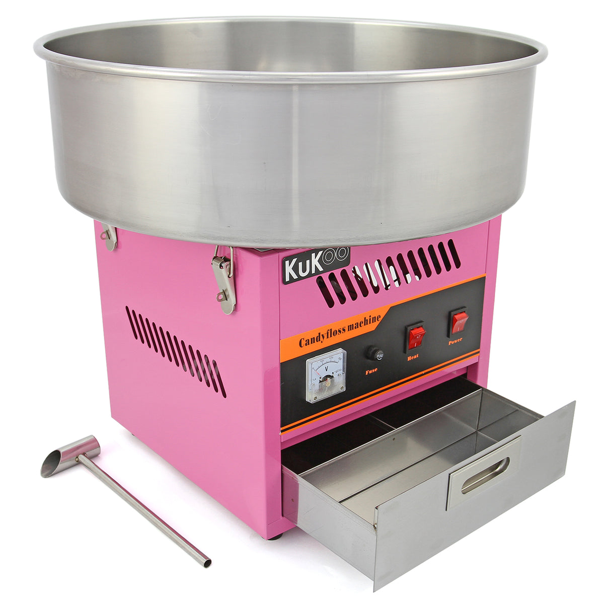 Roze KuKoo suikerspinmachine met een glanzende roestvrijstalen kom, bedieningspaneel en een lade voor snoepjes en accessoires