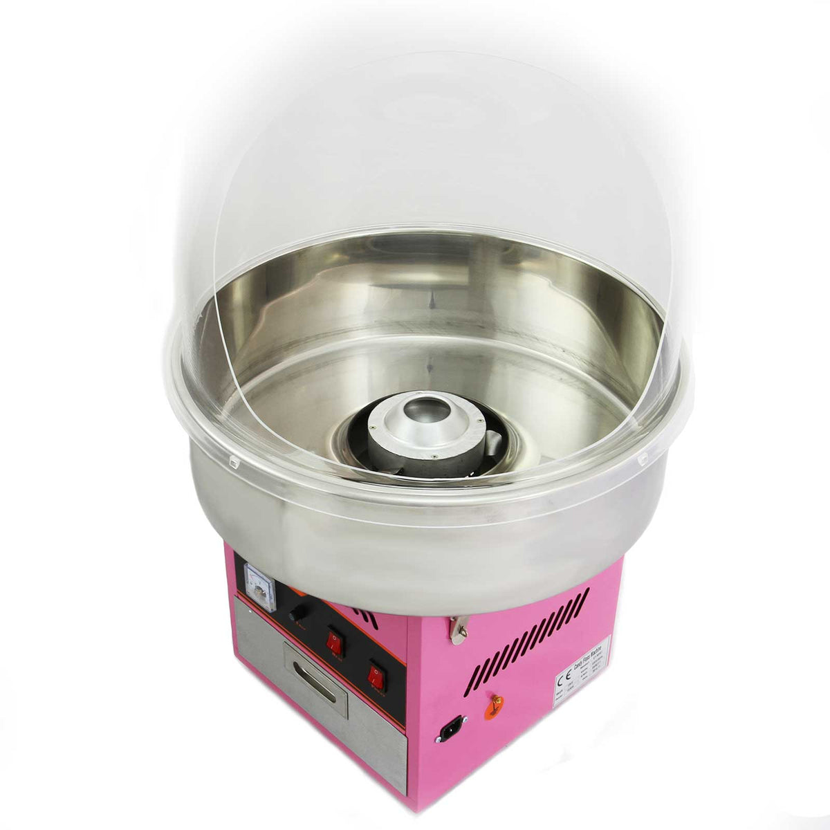 Suikerspinmachine met een glanzend roestvrijstalen kom, roze behuizing en transparante afdekking voor het maken van suikerspin