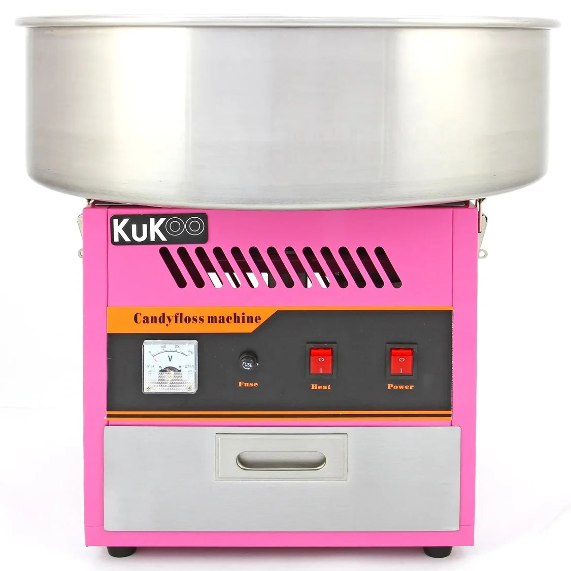 Roze KuKoo suikerspinmachine met een glanzende metalen kom, schakelknoppen en een moderne uitstraling voor feestelijke traktaties