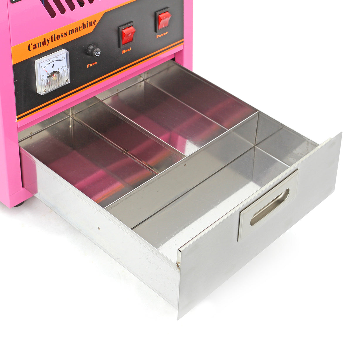 Roze suikerspinmachine met een glanzende metalen lade, voorzien van knoppen en een analoge meter voor temperatuurinstelling