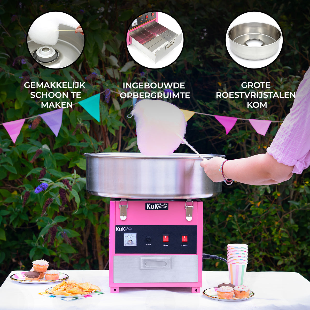 Roze suikerspinmachine met een grote roestvrijstalen kom, ideaal voor feesten, met ingebouwde opbergruimte en kleurrijke decoraties