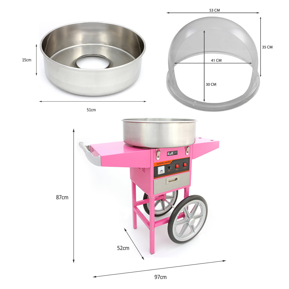 Roze suikerspinmachine met een glanzende metalen kom en beschermkap, ideaal voor feesten en evenementen, met duidelijke afmetingen