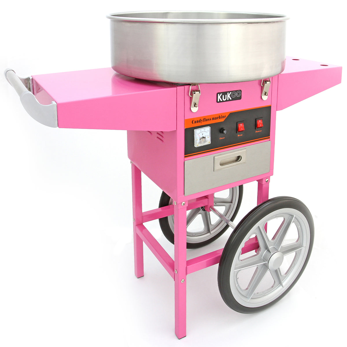 Roze suikerspinmachine met een roestvrijstalen kom, metalen handvat en grote wielen voor eenvoudige verplaatsing en gebruiksgemak