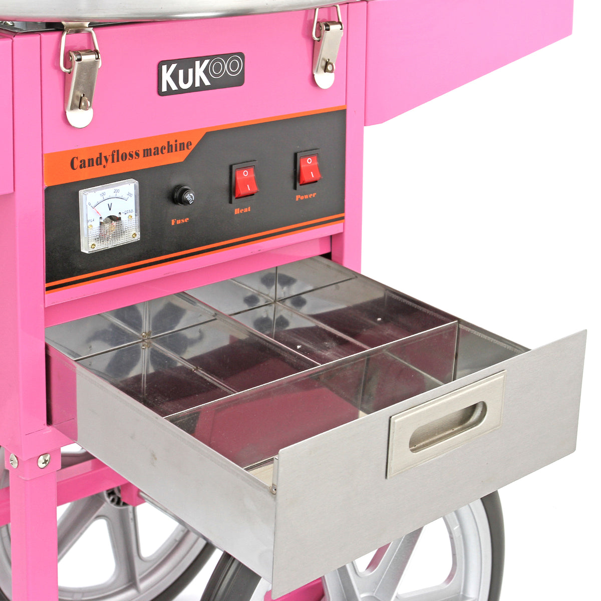 Roze suikerspinmachine met metalen lade, knoppen voor aan/uit en verwarming, en een analoge wijzerplaat voor temperatuurinstelling