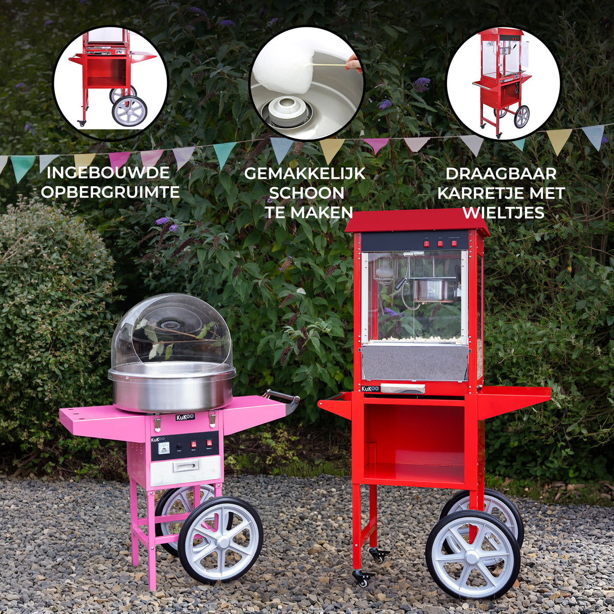 Roze suikerspinmachine en rode popcornmachine op wielen, met glazen deksel en ingebouwde opbergruimte, kleurrijke achtergronddecoratie