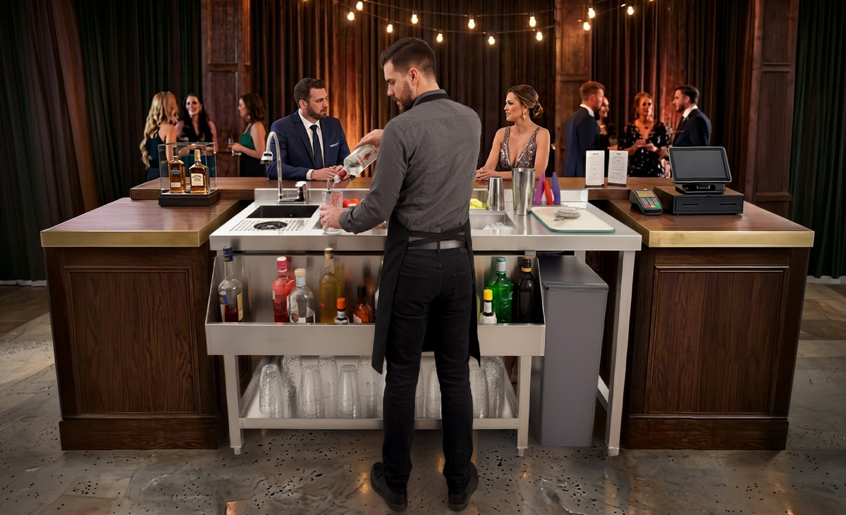Een stijlvolle bar met een barman in een zwart overhemd, flessen en glazen, sfeervolle verlichting en gasten die genieten van een feestelijke sfeer