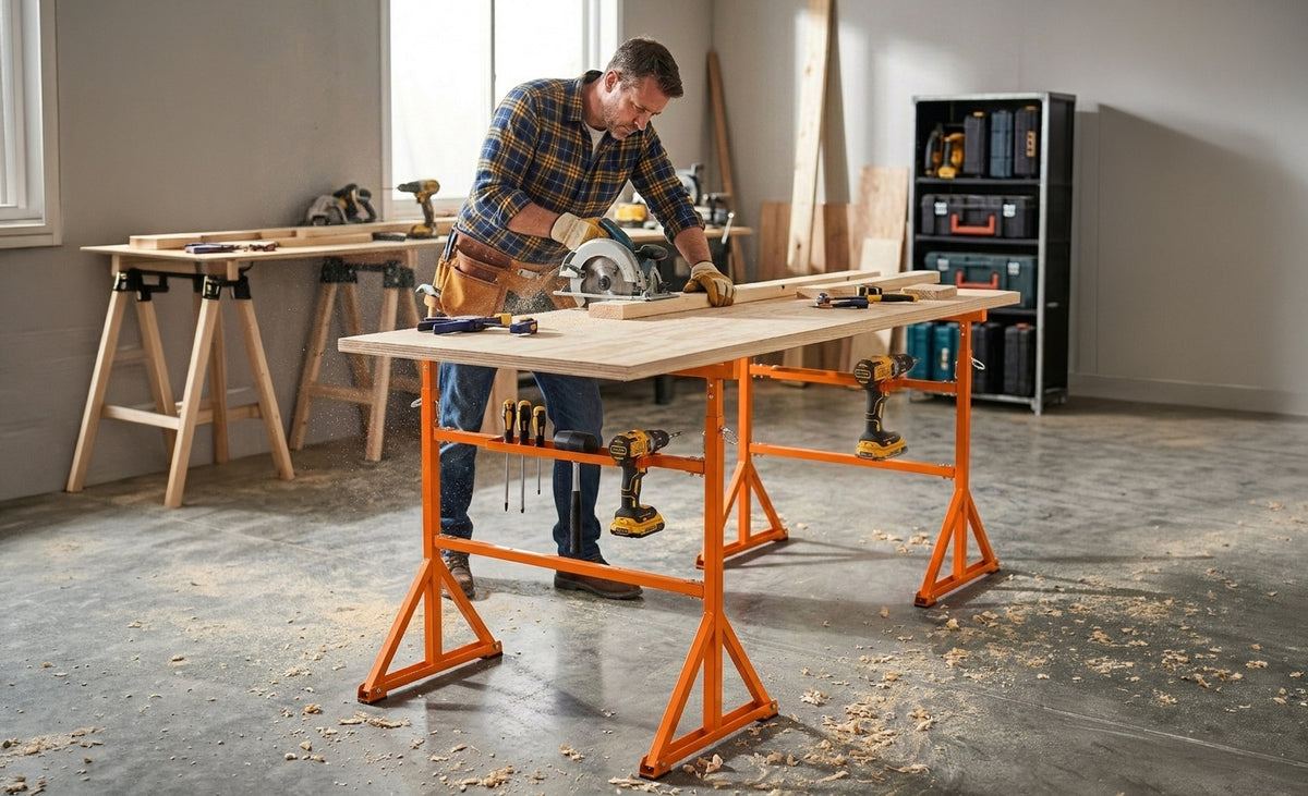 Een man in een geruite blouse werkt aan een houten plank op een oranje werktafel, omringd door gereedschap en zaagsel