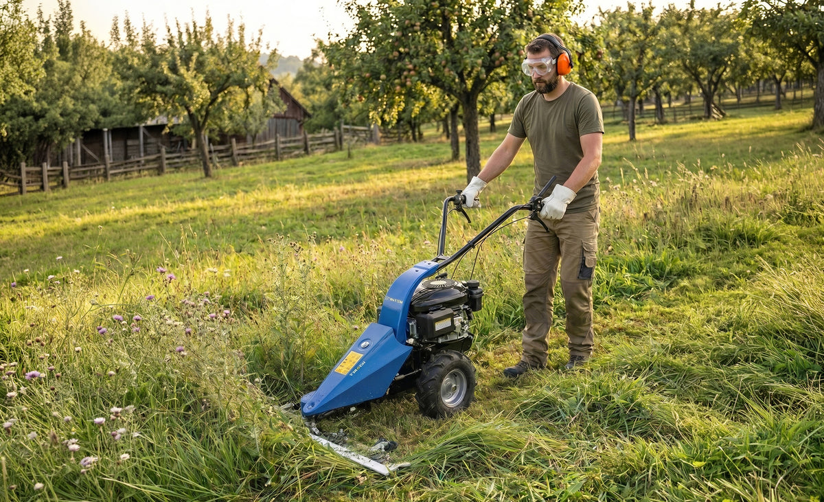 Een man in een groen T-shirt en gehoorbescherming maait gras met een blauwe grasmaaier in een groene boomgaard met bloemen