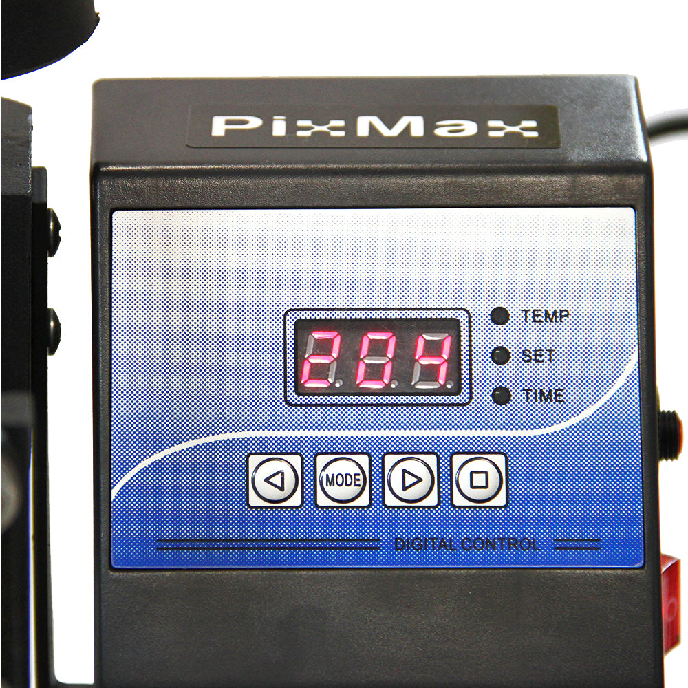 Digitale controlepaneel van een bordpers met een helder display, knoppen voor temperatuur en tijd, in zwart en blauw ontwerp