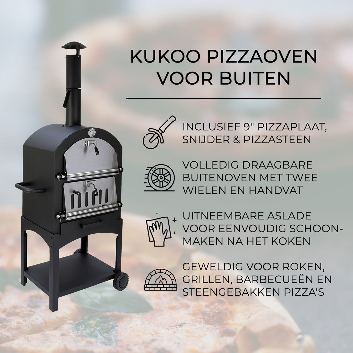 Zwarte KuKoo buiten pizzaoven met glanzende deur, inclusief 9-inch pizzaplaat, snijder en handvat, ideaal voor grillen en barbecueën