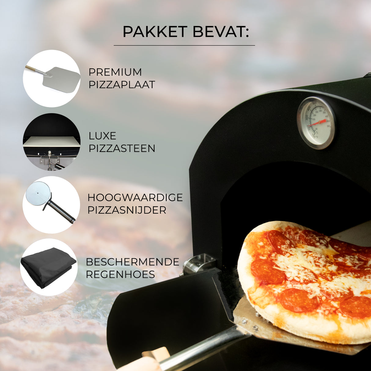 Zwarte KuKoo buiten pizzaoven met een luxe pizzasteen, premium pizzaschep, en een beschermende regenhoes voor buitengebruik