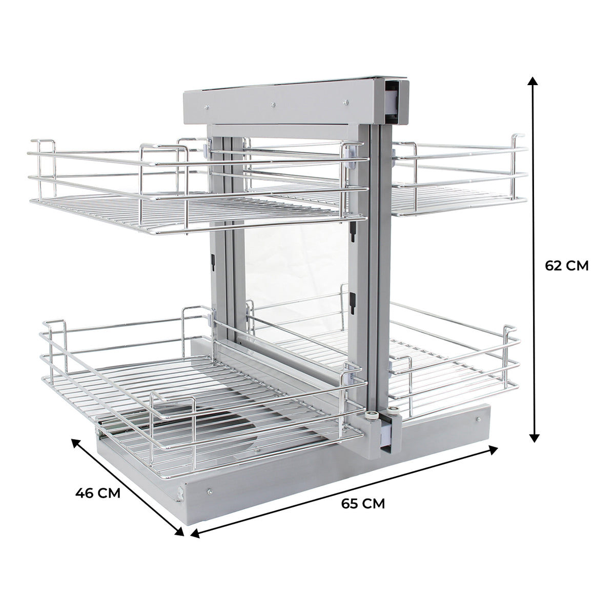 Verstelbare metalen keukenkast organizer met twee niveaus, zilvergrijs, open draadrekken en een moderne, strakke uitstraling