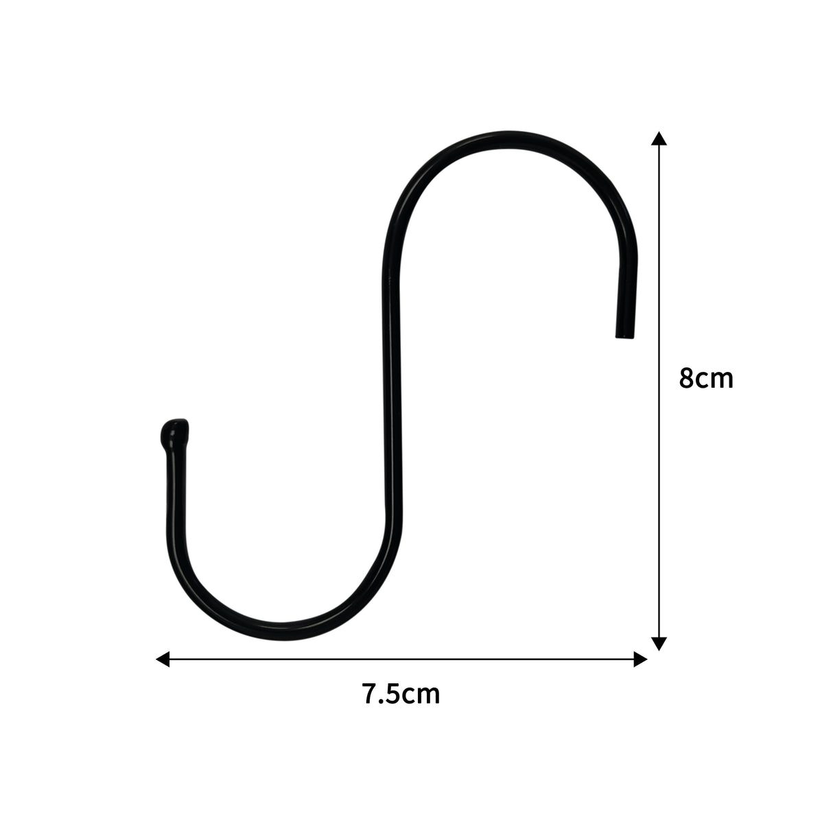 Zwarte S-vormige stalen ophanghaken, 7,5 cm breed en 8 cm hoog, met een gladde afwerking voor stevige bevestiging en veelzijdig gebruik