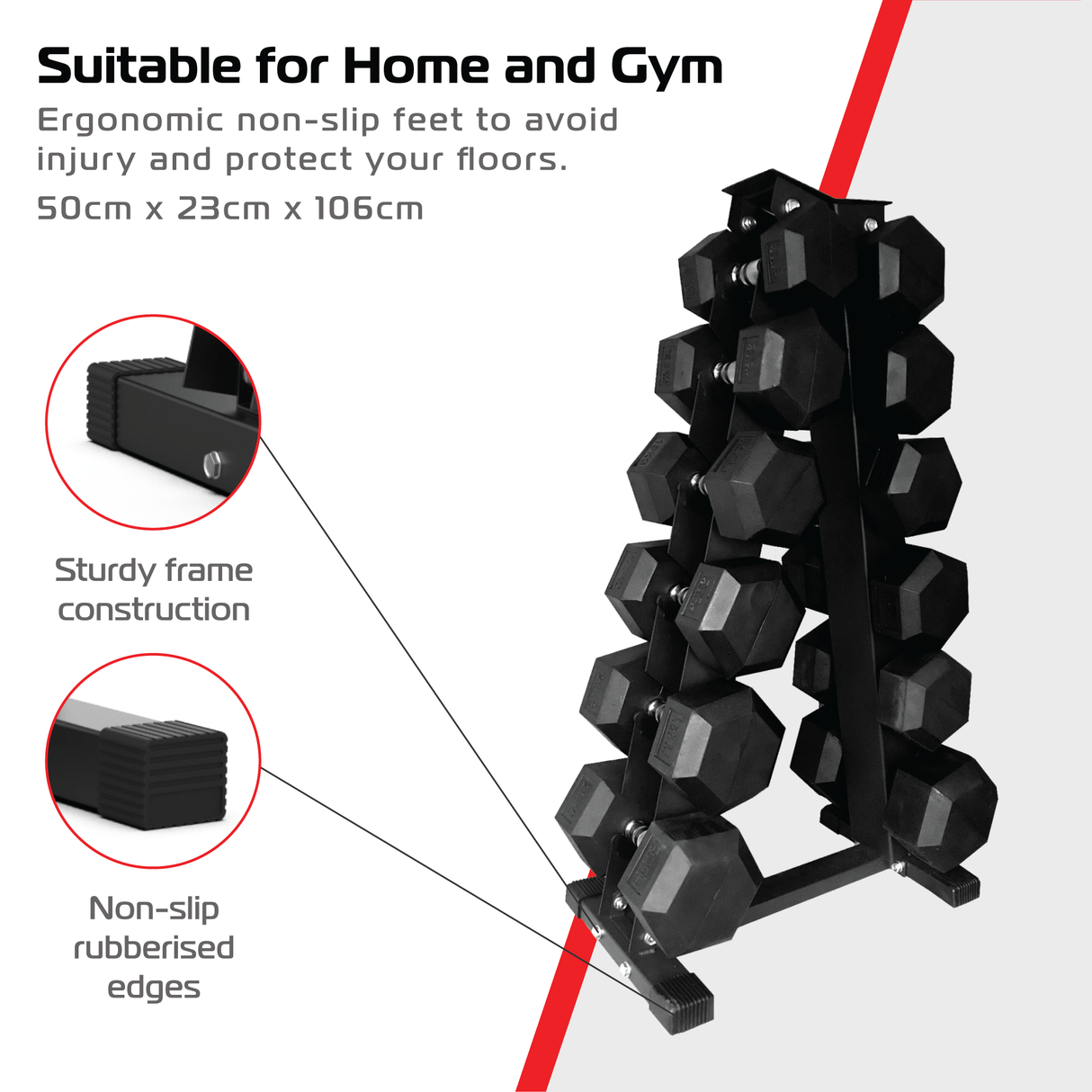 Zwart 6-laags dumbbellrek met rubberen randen, stevig frame en ergonomische voetjes, ideaal voor thuis en sportschool