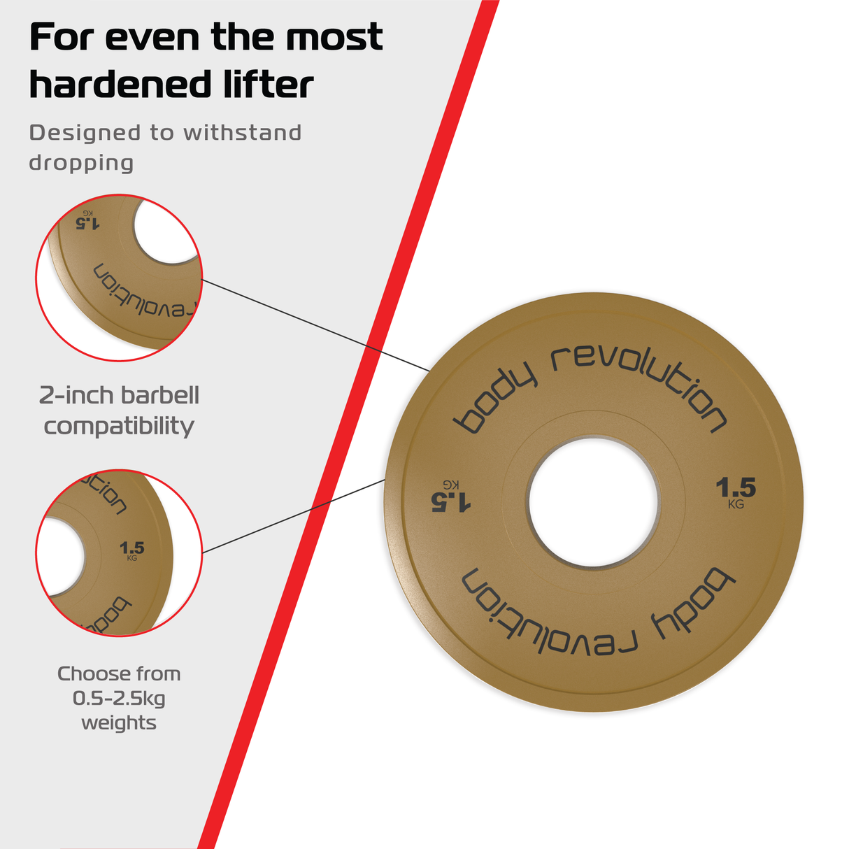 Gouden fractionele halterschijf van 1,5 kg met een stevige textuur en een 2-inch opening, ideaal voor gewichttraining en krachttraining