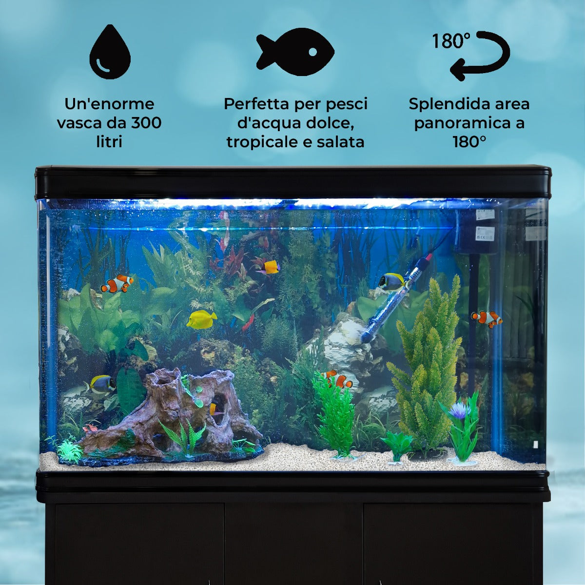 Aquarium 300 L Zwart + Meubel - Starterset - Wit grind