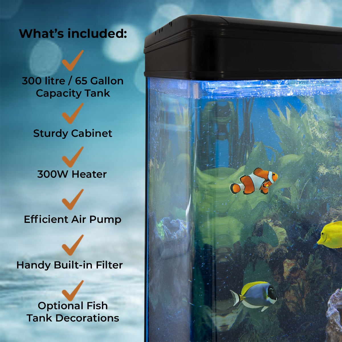 Aquarium 300 L Zwart + Meubel - Starterset - Wit grind