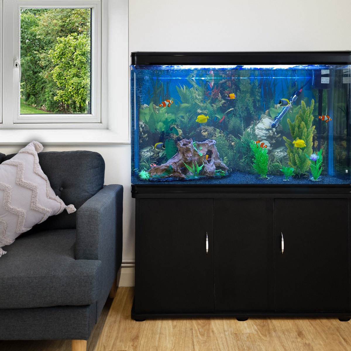 Aquarium 300 L Zwart + Meubel - Starterset - blauw grind