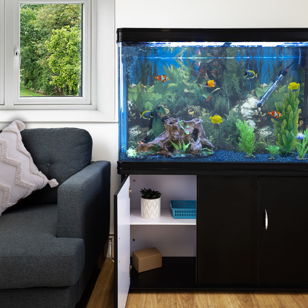 Aquarium 300 L Zwart + Meubel - Starterset - blauw grind