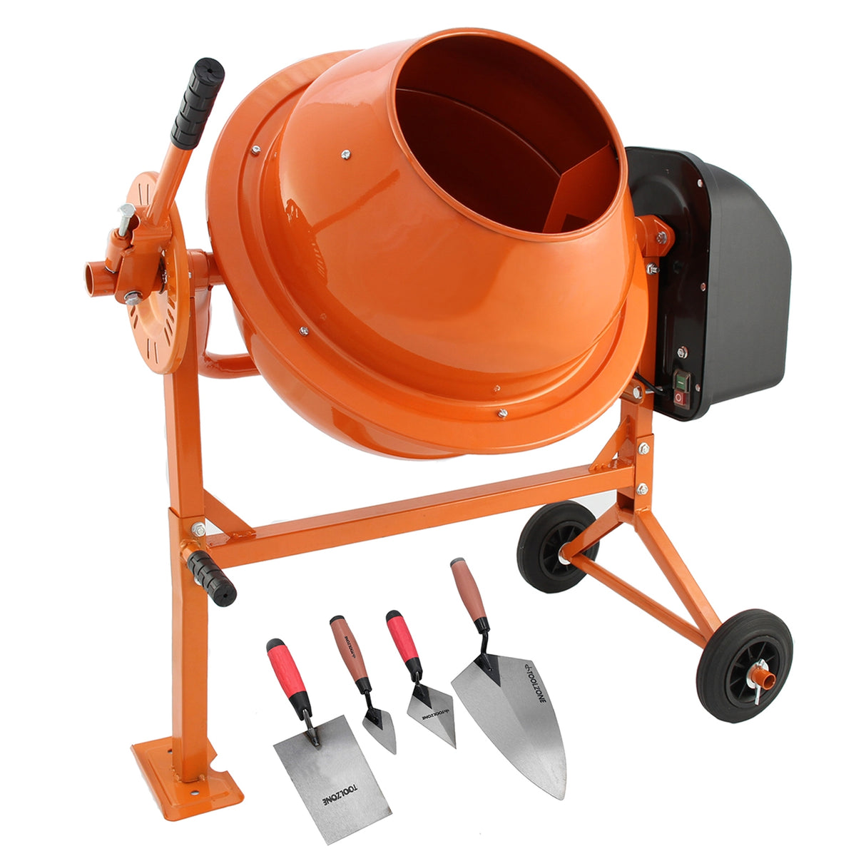 Oranje 70L elektrische cementmixer met stevige metalen basis en wielen, inclusief troffelset met drie roestvrijstalen troffels