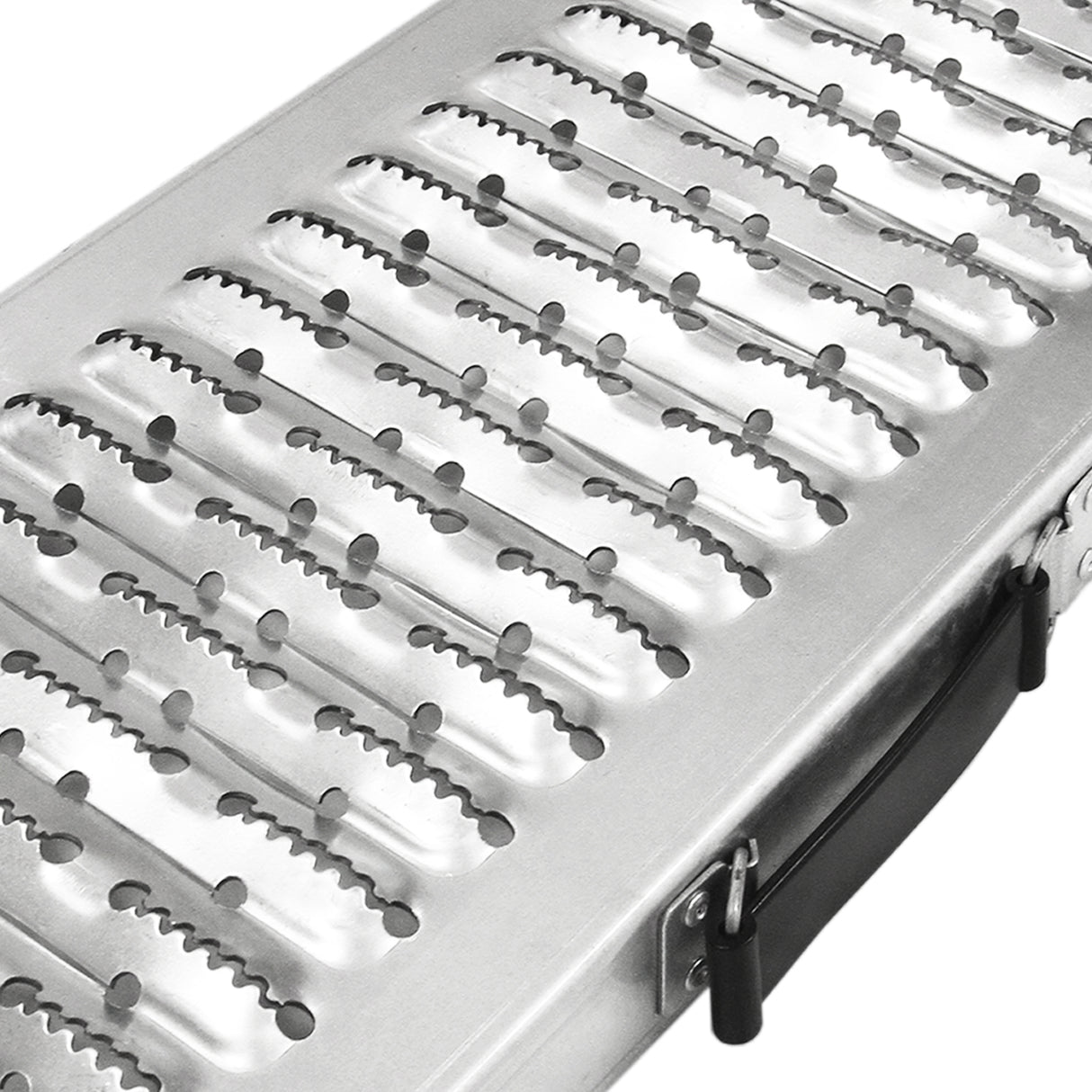 Opvouwbare motor oprijplaten van T-Mech, gemaakt van duurzaam, glanzend aluminium met antislip textuur en stevige handgreep