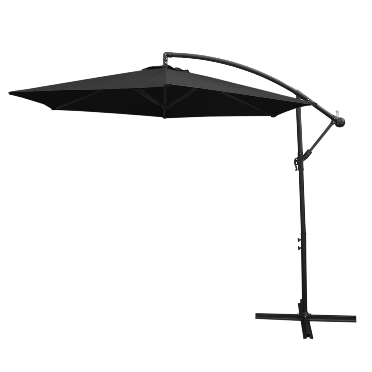 Zwarte zweefparasol met een grote, vierkante doek en een gebogen metalen frame, ideaal voor schaduw in de tuin of op het terras