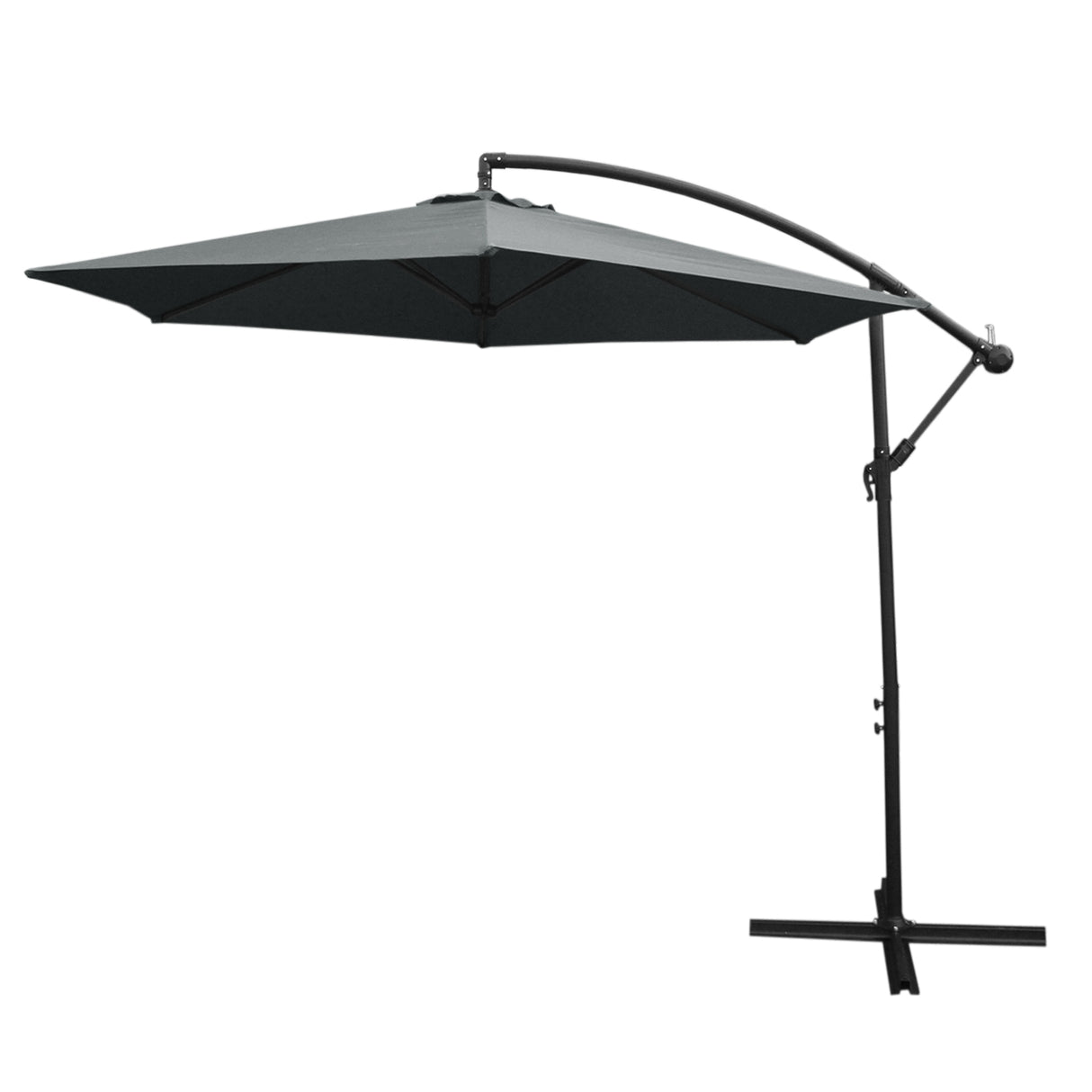 Grijze zweefparasol met een stevige metalen arm en een vierkante doek, ideaal voor schaduw in de tuin of op het terras