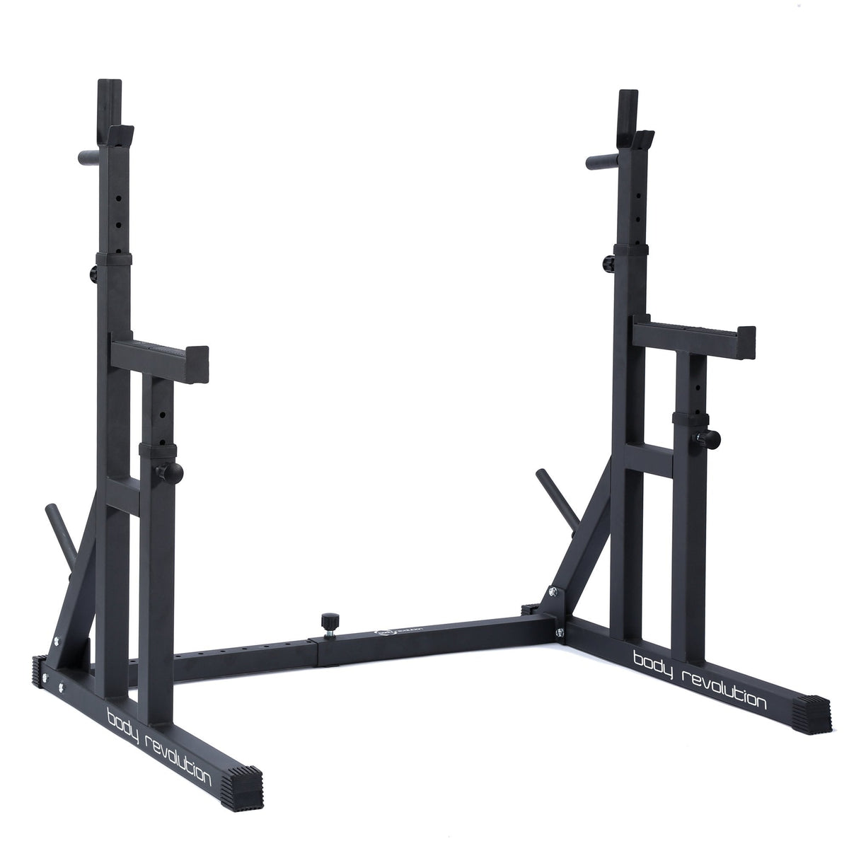 Zwart squat rack van Body Revolution met verstelbare stangen, stevige constructie en antislip voetsteunen voor optimale stabiliteit