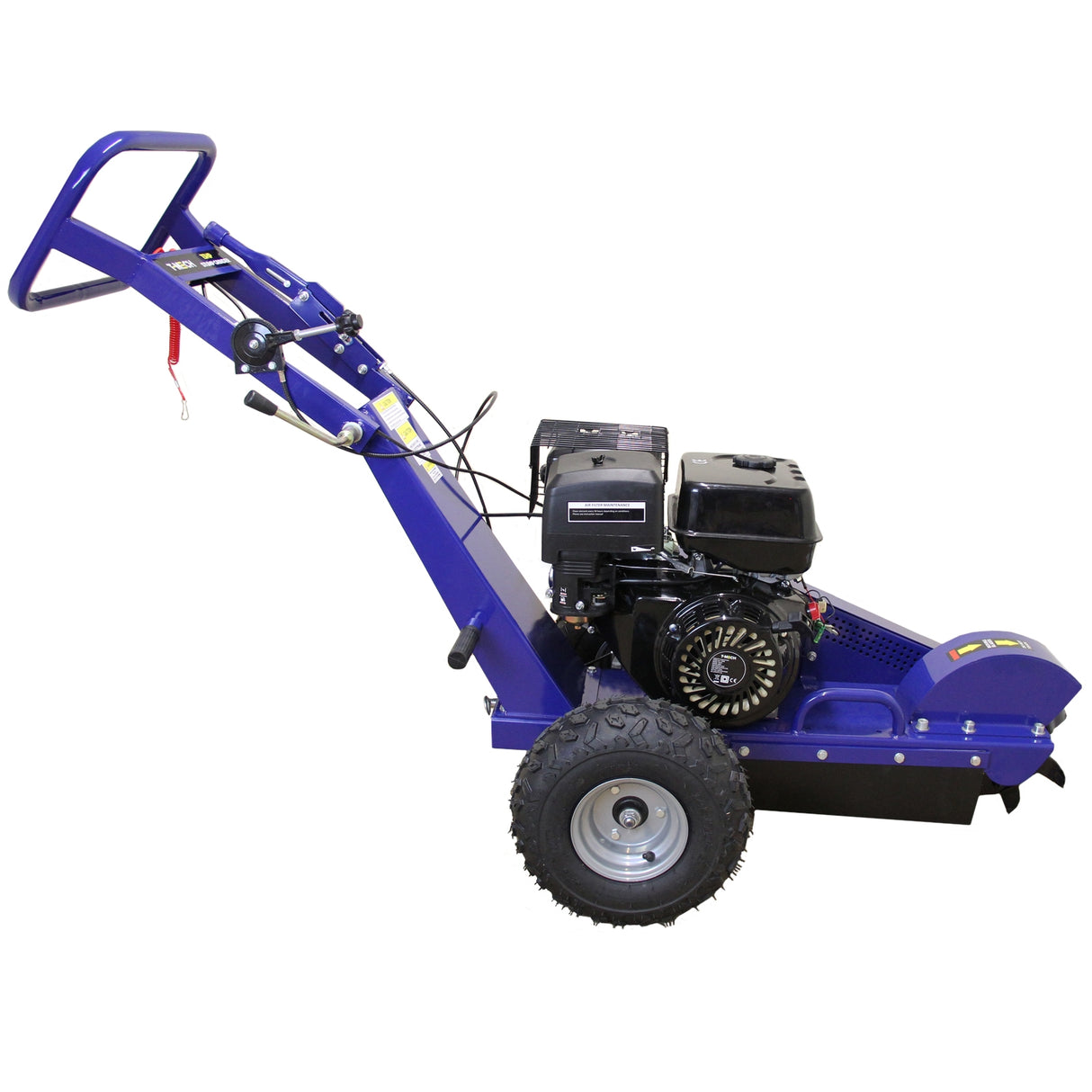 Robuuste T-Mech 13PK stronkenfrees in levendig blauw met krachtige motor, grote wielen en stevige handgreep voor optimale grip
