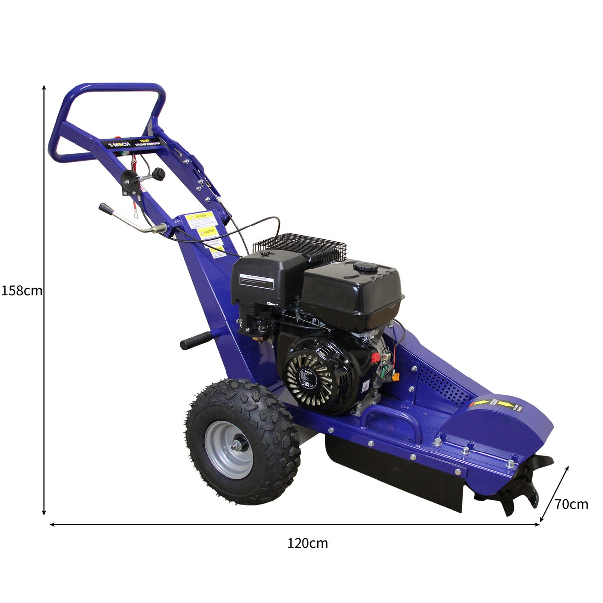 Robuuste T-Mech 13PK stronkenfrees in levendig blauw met krachtige motor, grote wielen en ergonomische handgreep voor eenvoudig gebruik