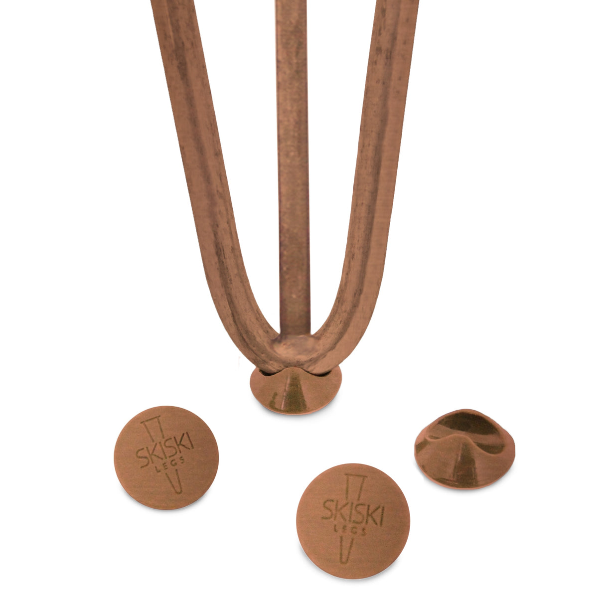 Antiek koper hairpin tafelpoten met drie staven van 10 mm, inclusief ronde voetjes voor stabiliteit en stijl