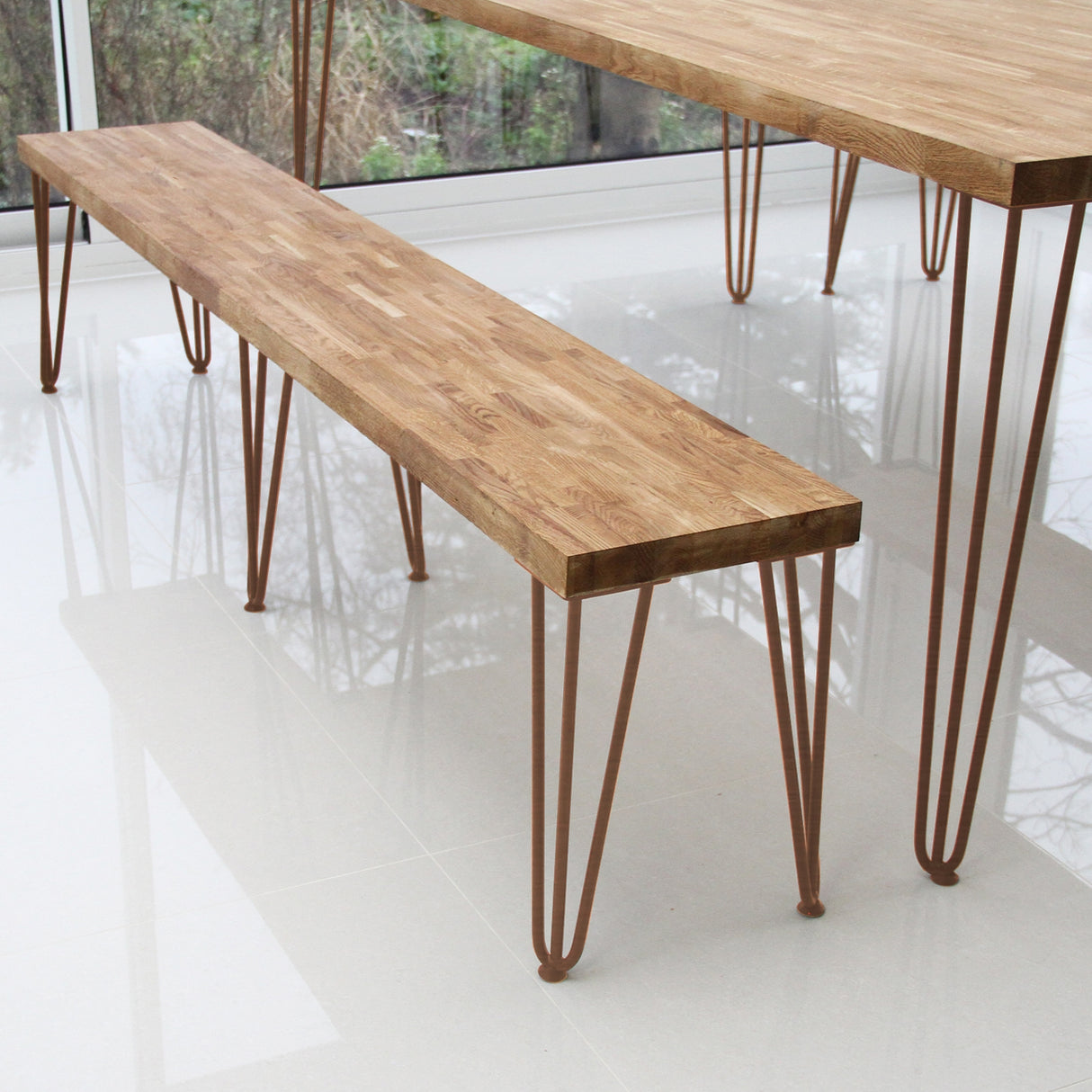 Antiek koper haarpin tafelpoten met 12 mm staven, elegant gevormd, perfect voor een moderne houten tafel of bank