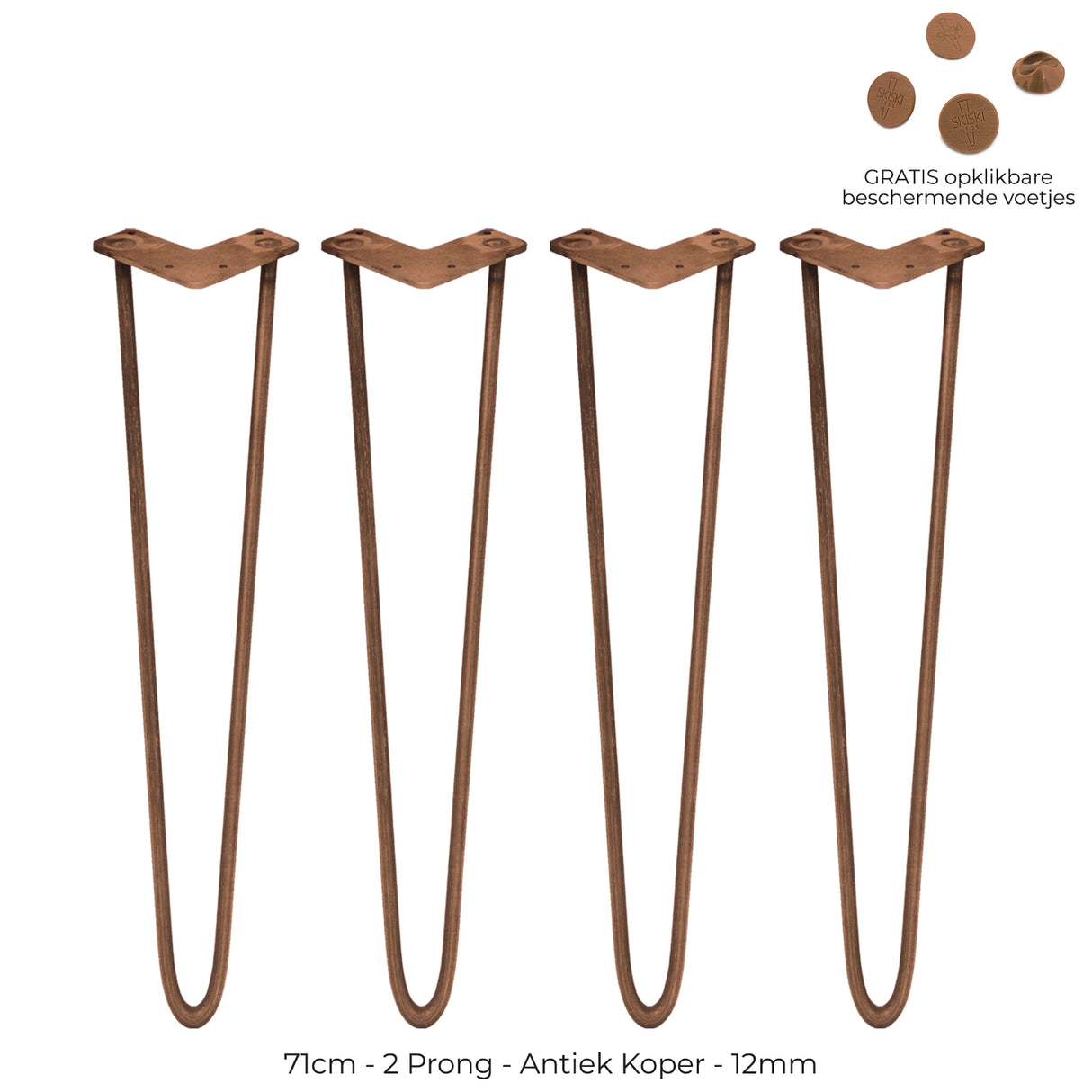 Vier antiek koperen hairpin tafelpoten van 71 cm met twee staven van 12 mm, elegant en modern ontwerp voor meubels