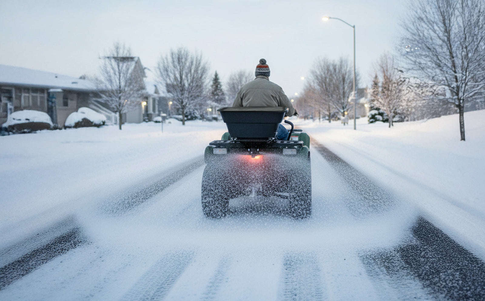 ATV met een zwarte strooier verspreidt zout over een besneeuwde straat, omgeven door bomen en huizen in een winterlandschap