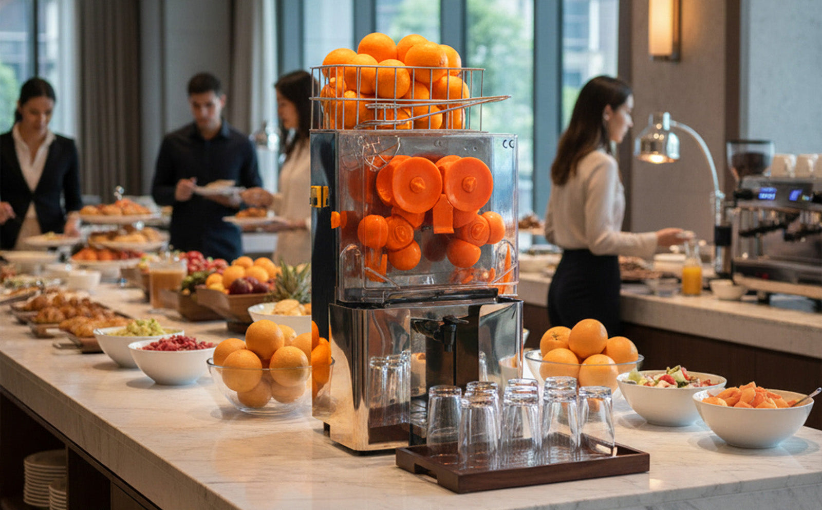 Een commerciële citruspers met heldere sinaasappels, omringd door vers fruit en een buffet met kleurrijke gerechten in een moderne setting