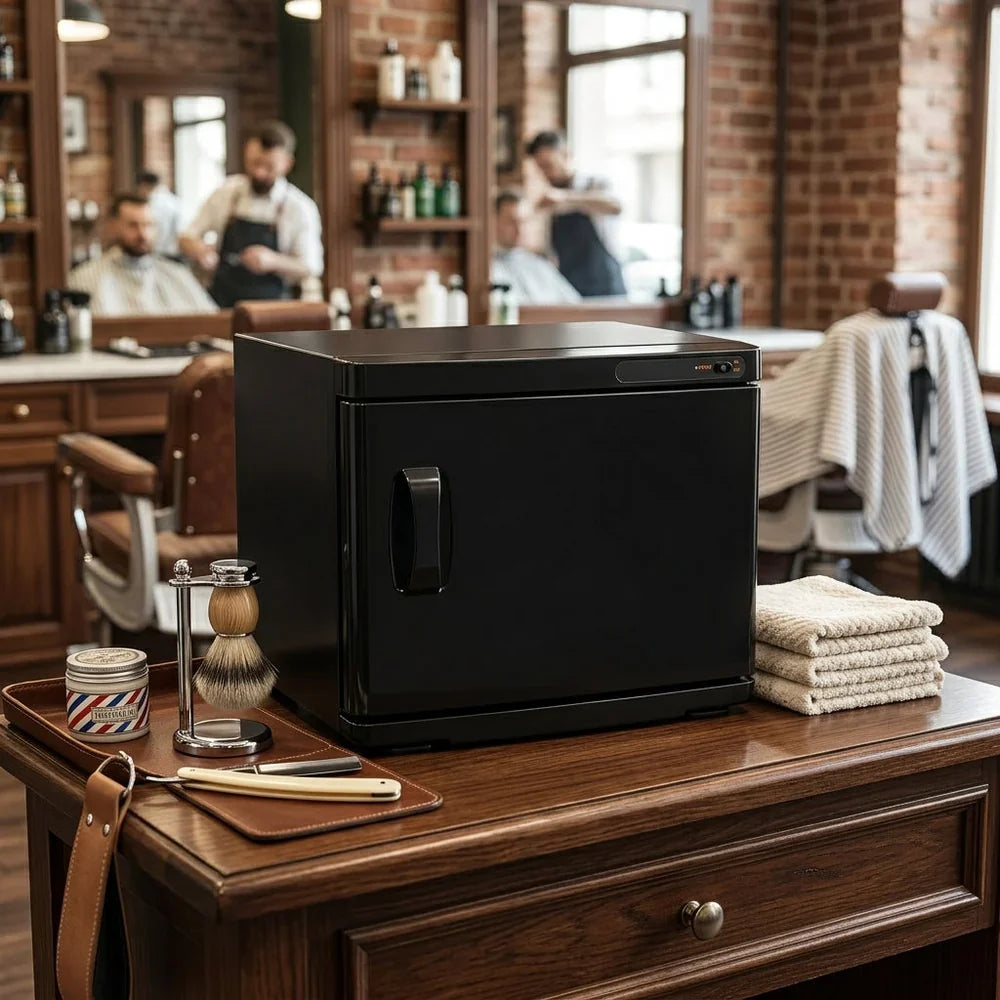 Zwart handdoekwarmer op een houten salon tafel, met een scheerset, handdoeken en een potje, in een stijlvolle barbershop omgeving