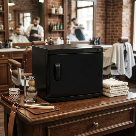 Zwart handdoekwarmer op een houten salon tafel, met een scheerset, handdoeken en een potje, in een stijlvolle barbershop omgeving