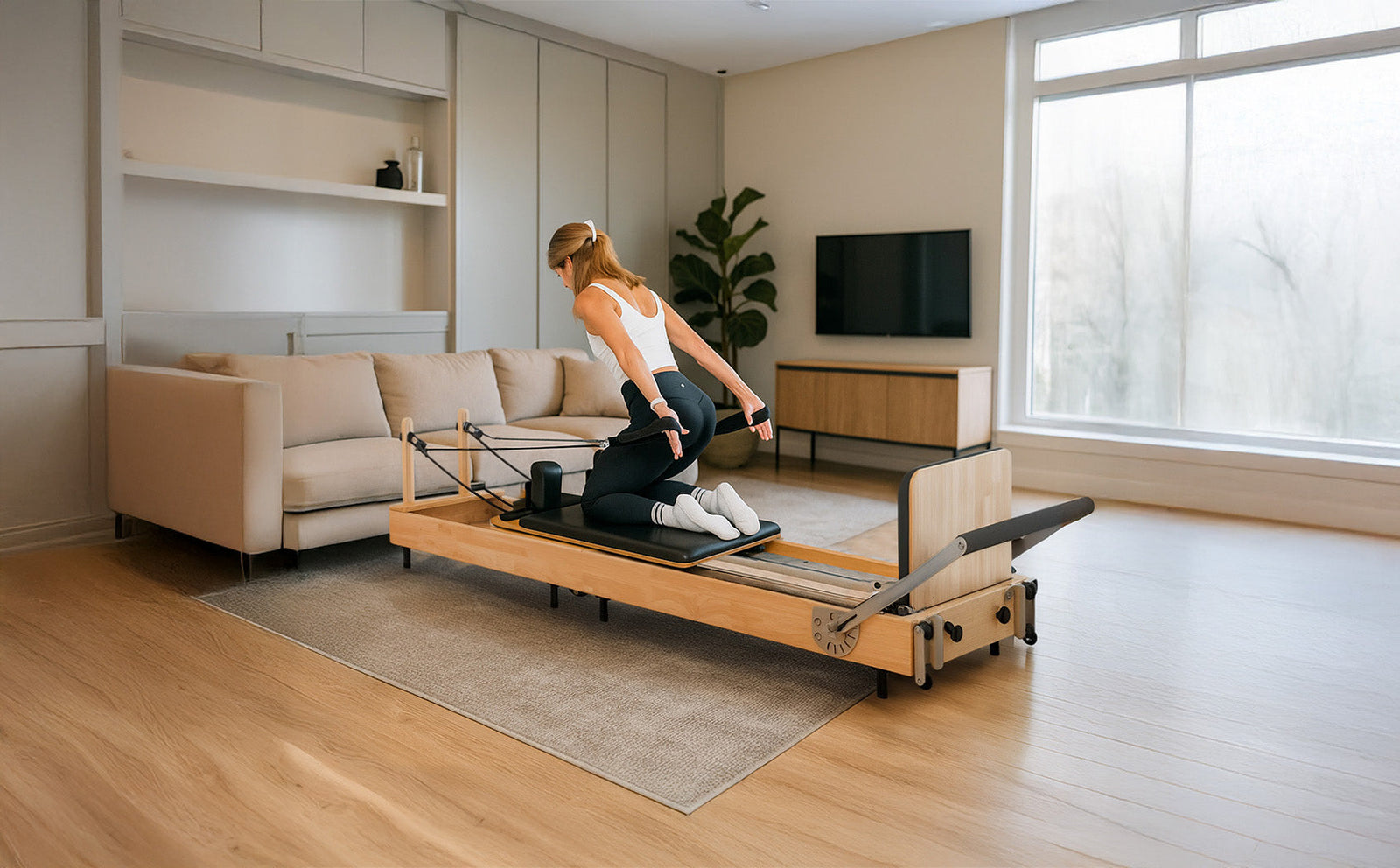 Een vrouw in sportkleding oefent op een houten Reformer Pilates apparaat in een moderne woonkamer met een bank en een tv