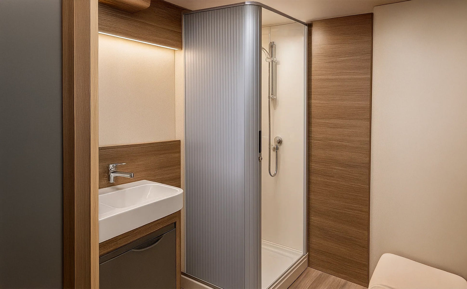 Moderne, oprolbare douchedeur in een camper, met een strakke, zilveren afwerking en een houten wand voor een stijlvolle uitstraling