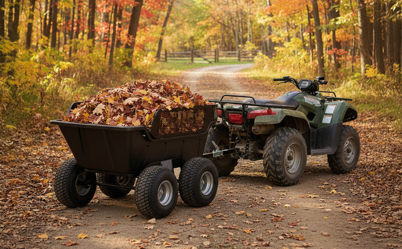 ATV trailer met kantelfunctie, vol met kleurrijke herfstbladeren, op een onverharde weg omringd door bomen in herfstkleuren