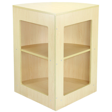 Hoektoonkast van lichtgekleurd hout met twee open planken en afgeronde hoeken, ideaal voor het organiseren van producten in een winkel