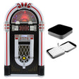Retro vinyl jukebox in zwart en wit met kleurrijke verlichting en een bijpassende CD-koffer, perfect voor muziekliefhebbers