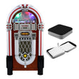Retro jukebox met kleurrijke lichten en een houten afwerking, naast een zwarte CD-opbergtas met een glanzende, metalen rits