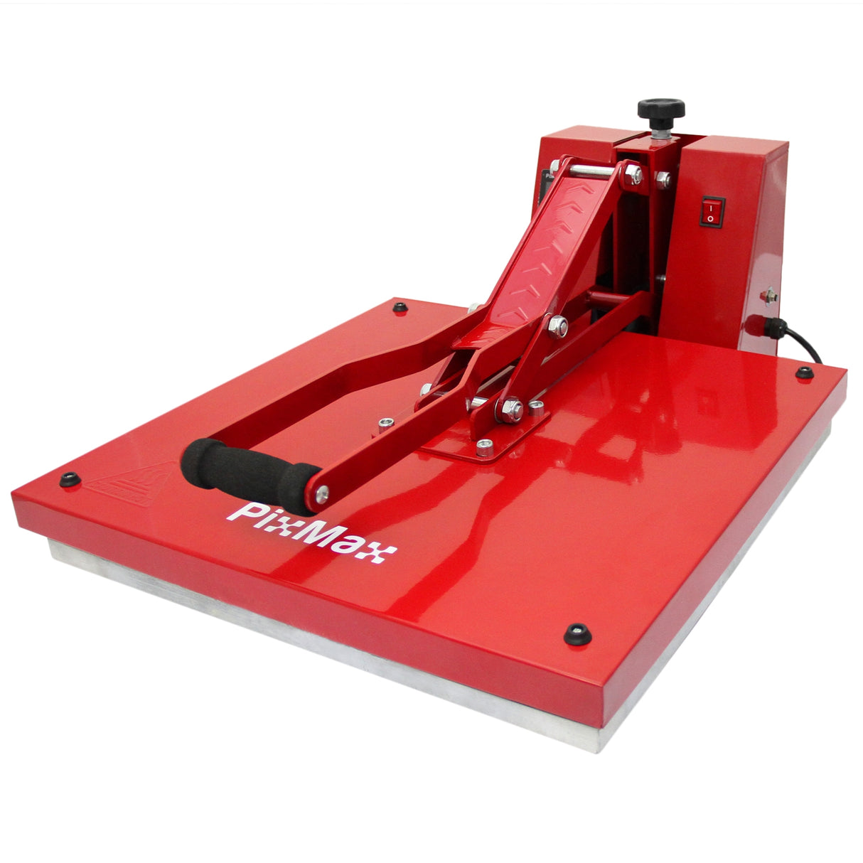 Rode 50 cm Clam hittepers met een stevige, glanzende afwerking en een robuuste drukplaat voor het bedrukken van textiel