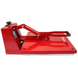 Rode 50 cm Clam hittepers met een stevige metalen constructie en een handvat voor eenvoudig gebruik en nauwkeurige temperatuurinstellingen