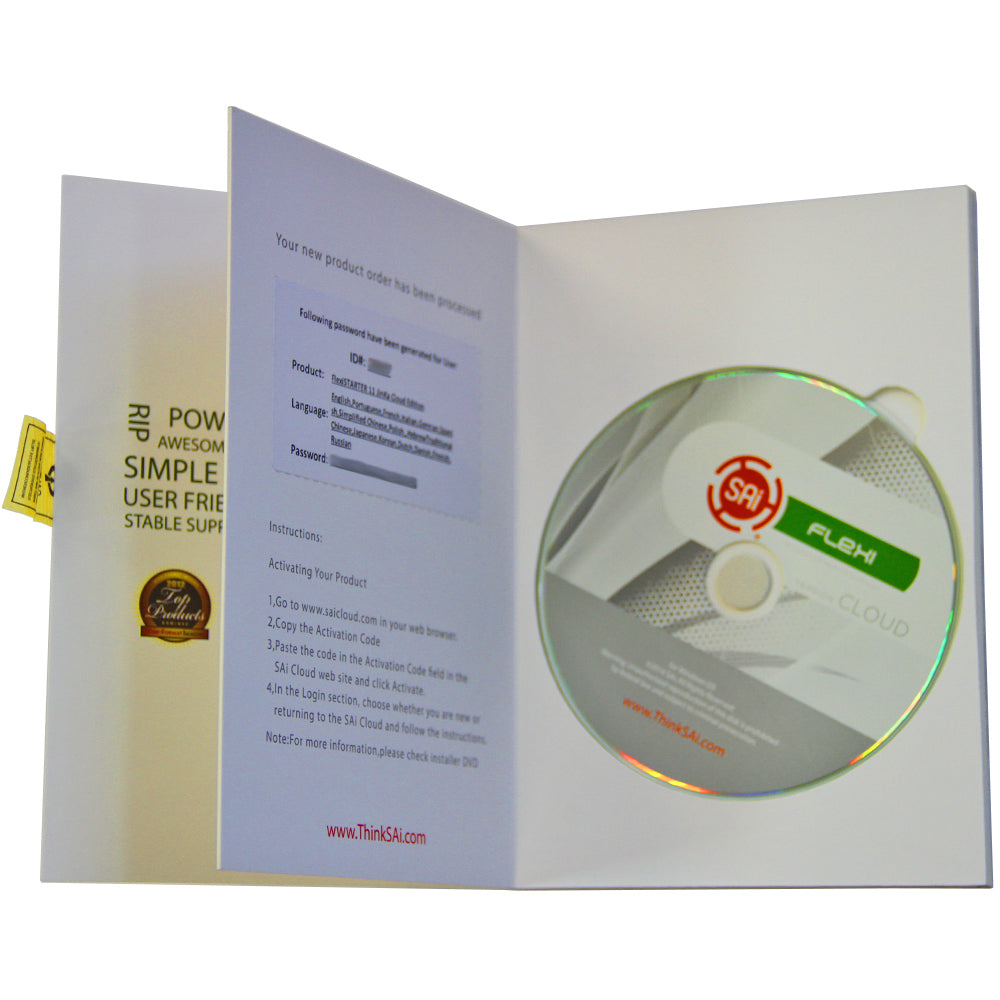 FlexiSTARTER SignMaking Software in een cd-hoes met een kleurrijke schijf en instructies voor activatie en gebruik