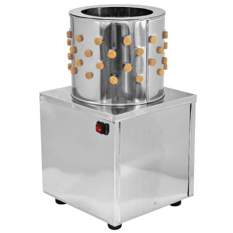 RVS plukmachine voor gevogelte met een glanzende afwerking, 30 cm hoog, voorzien van houten pennen voor efficiënt plukken