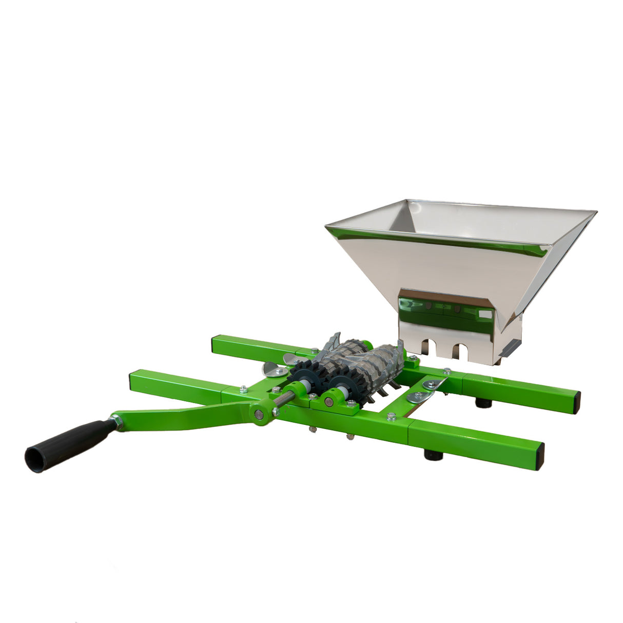 Draagbare fruitmolen met slinger, groene metalen structuur, grote witte opvangbak, geschikt voor het malen van fruit tot 7 liter