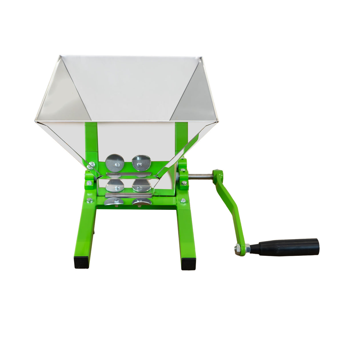Draagbare fruitmolen met slinger, 7 liter, met een glanzende metalen kom en een felgroen frame voor eenvoudig fruit verwerken